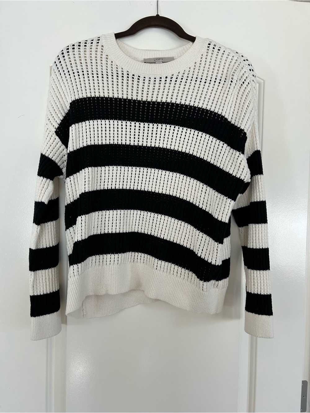 LOFT Black and White Striped Open-Knit Sweater